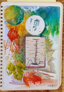 2023 - Autoportrét, akryl,razítka, březová kůra, bavlnka a pero, 20 x 15 cm